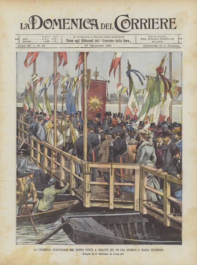 A Sermide és Massa Superiore között épült új uszályhíd avatóünnepsége alkotó: Achille Beltrame
