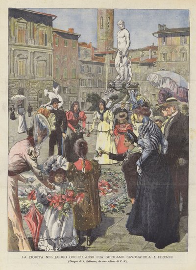 La Fiorita azon a helyen, ahol Fra Girolamo Savonarolát leégették Firenzében alkotó: Achille Beltrame