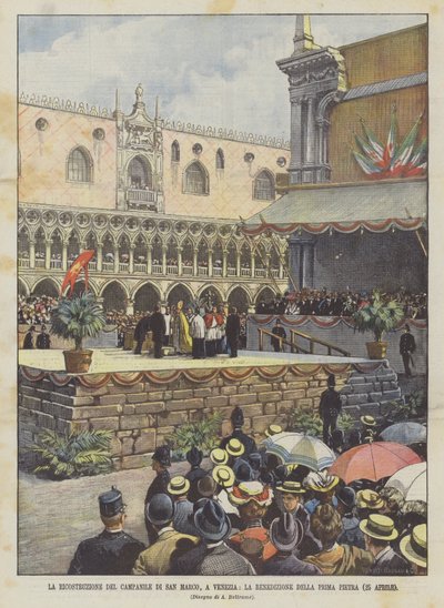 A velencei Campanile di San Marco rekonstrukciója, az első kő megáldása (április 25.) alkotó: Achille Beltrame