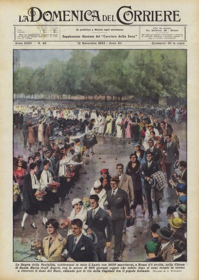 A Sagra della Nuzialita, amelyet Lazió-szerte 2620 esküvővel ünnepelnek, Rómában, ha megtartják? alkotó: Achille Beltrame