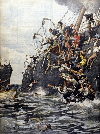 A libanoni katasztrófa: az utasok a tengerbe vetették magukat, miután Marseille partjainál ütköztek egy másik vonallal. Illusztráció: Beltrame. A Domenica del corriere. 1903. alkotó: Achille Beltrame