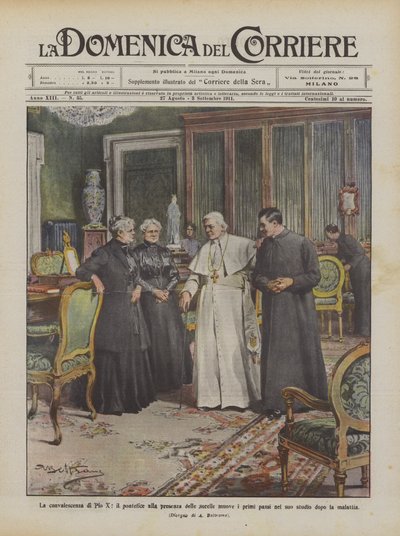 X. Pius, a pápa felépülése az övében az első lépéseket megtevő nővérek jelenlétében? alkotó: Achille Beltrame