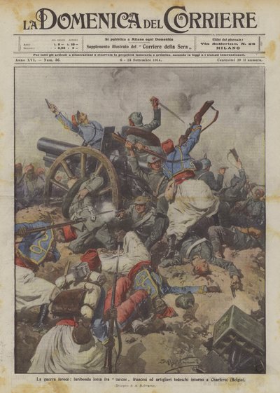 Heves háború, dühös harc a francia turcók és a német tüzérek között Charleroi (Belgium) körül alkotó: Achille Beltrame