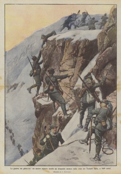 A gleccserek elleni háború, az egyik egységünk megtámad egy ellenséges osztagot a Tuckett Spitz tetején, 3469 méteren alkotó: Achille Beltrame