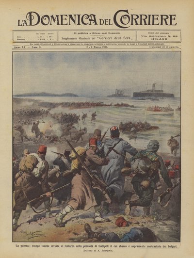 A háború, a Gallipoli-félsziget megerősítésére küldött török ​​csapatok kinek a partraszállása? alkotó: Achille Beltrame