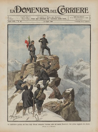Az Abruzzi herceg vezette expedíció meghódítja a Ruwenzori-hegy extrém csúcsát? alkotó: Achille Beltrame