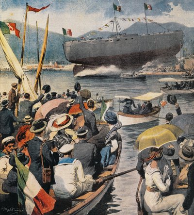 Az Andrea Doria csatahajó vízre bocsátása a La Spezia-i Arsenale-ból, panel Achille Beltrame (1871-1945), La Domenica del Corriere, április 6. alkotó: Achille Beltrame