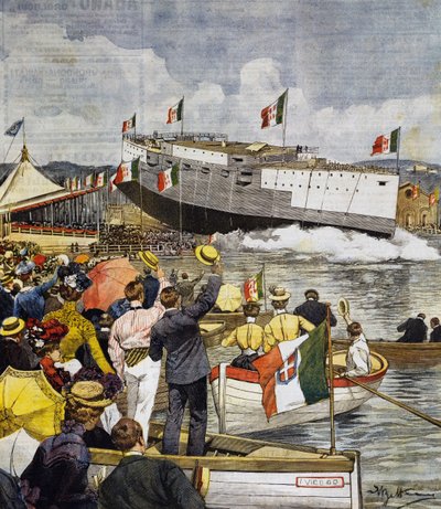 A Regina Margherita csatahajó vízre bocsátása La Speziában, panel Achille Beltrame (1871-1945), La Domenica del Corriere, június 9. alkotó: Achille Beltrame