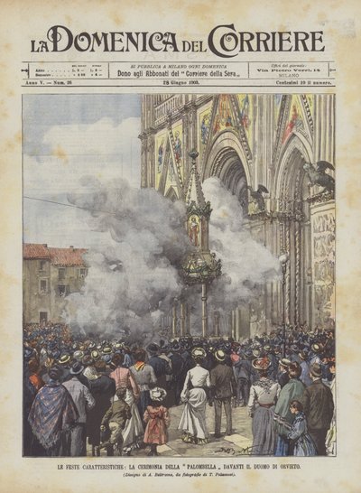 A jellegzetes ünnepségek, a Palombella szertartás az orvietói katedrális előtt alkotó: Achille Beltrame