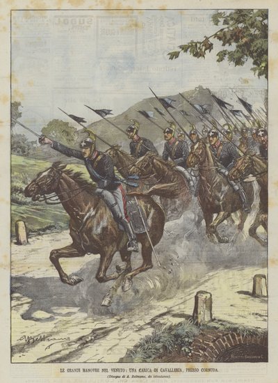A nagy manőverek Venetóban, egy lovassági roham, Cornuda közelében alkotó: Achille Beltrame