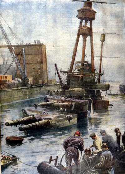 A skóciai Scapa Flow-nál elsüllyedt német Hindenburg csatahajó az óceánok fenekén töltött 7 év után az angol flottának köszönhetően tért vissza a felszínre. Illusztráció: Beltrame. A Corriere Domenica alkotó: Achille Beltrame