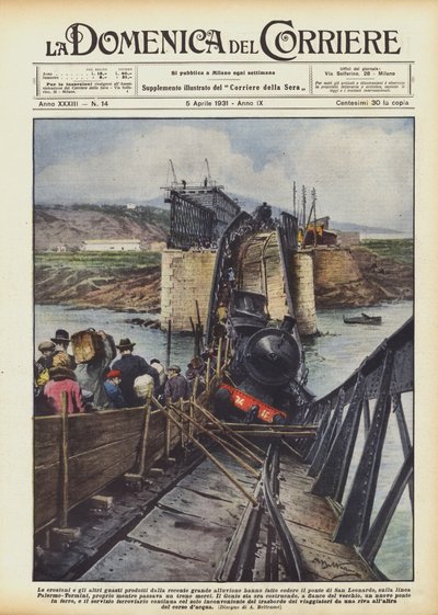 Vajon a közelmúltbeli nagy árvíz okozta eróziók és egyéb meghibásodások okozták a híd összeomlását? alkotó: Achille Beltrame