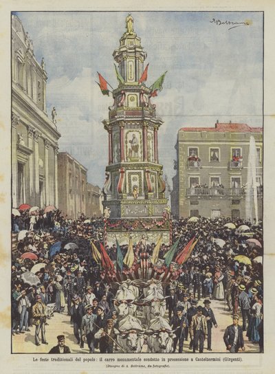 A hagyományos népünnepélyek, a monumentális szekér, amelyet körmenetben visznek Castelterminibe (Girgenti) alkotó: Achille Beltrame