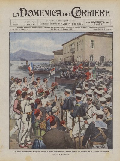 A Scutarit a hatalmak nevében elfoglaló nemzetközi flották a tengerészek ünnepi partraszállása is? alkotó: Achille Beltrame