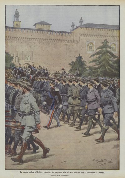 Olaszország új milíciái civil ruhás önkéntesek a milánói november II. katonai folyóiratban alkotó: Achille Beltrame