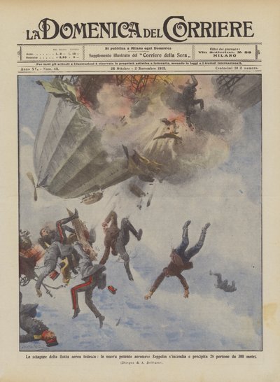 A német légiflotta szerencsétlenségei, az új erős Zeppelin léghajó szinkronja és lezuhanása? alkotó: Achille Beltrame