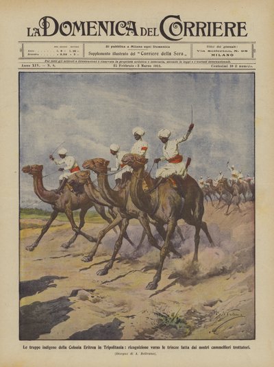 A tripolitániai eritreai gyarmat bennszülött csapatai, felderítés a lövészárkok felé. alkotó: Achille Beltrame