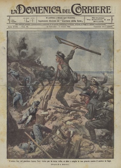 A megcsonkított, harmadszor is megsebesült Enrico Toti hősies vége feláll és bedobja a magáét? alkotó: Achille Beltrame