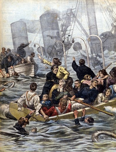 Tengeri drámák: a Klondike-i aranyásókkal megrakott Wallawalla hajó elsüllyedése. Beltrame illusztrációja. La Domenica del corriere. 1902 alkotó: Achille Beltrame