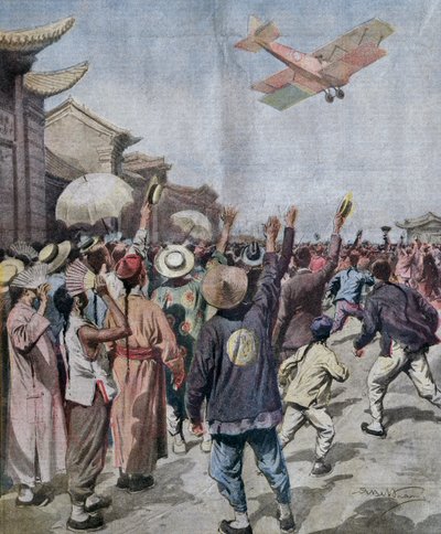 Arturo Ferrarin hadnagy, a Róma-Tokiói razzia résztvevője, megérkezik Sanghaj ege fölé, Achille Beltrame illusztrációja a La Domenica del Corriere-ből, május 16. alkotó: Achille Beltrame