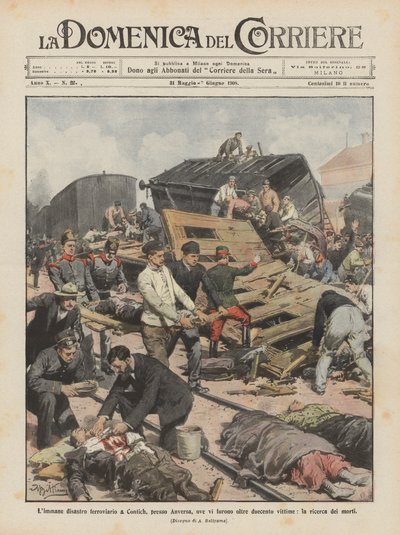 Limmane vasúti katasztrófa az Antwerpen melletti Contichban, ahol több mint kétszáz áldozat volt, halottak keresése alkotó: Achille Beltrame