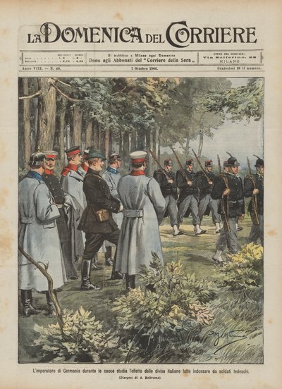 Tanulmányozza-e a német császár a vadászatok során viselt olasz egyenruhák hatását? alkotó: Achille Beltrame