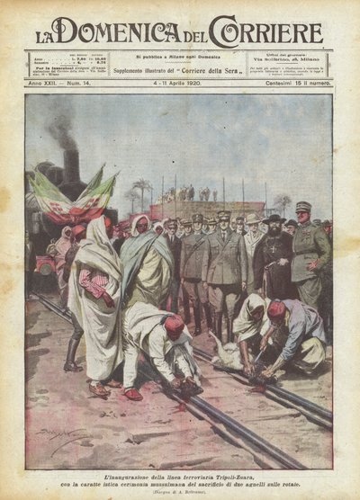 A Tripoli-Zuara vasútvonal felavatása, a jellegzetes muszlim szertartással? alkotó: Achille Beltrame