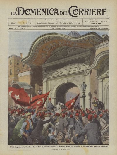 Tragikus óra Törökország számára, Enver bey megjelenik a Sublime Porte előtt rendelésre? alkotó: Achille Beltrame
