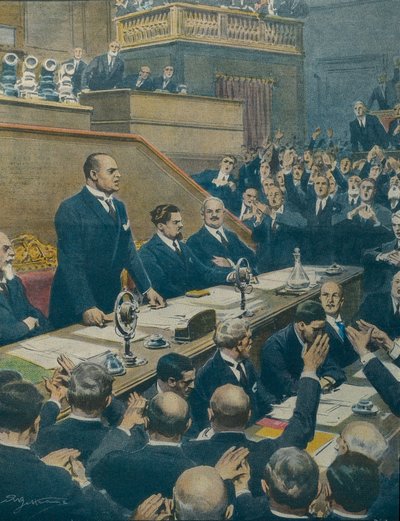MUSSOLINI, Benito (1883-1945). Olasz fasiszta politikus, Olaszország hercege (vezetője) (1925-1943). Mussolini bejelenti a szenátusnak a négy nyugati hatalom között létrejött szövetséget. Achille Beltrame (1871-1945) a La Domenica del Corriere-ből, június  alkotó: Achille Beltrame