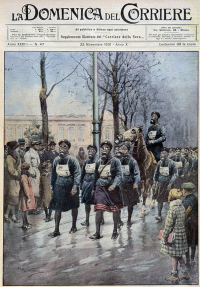 Varsóban megszervezett március a lakosság gázmaszkok használatára való gyakorlására – A. Beltrame rajza, „” la Domenica del Corriere” 1931.11.22. alkotó: Achille Beltrame