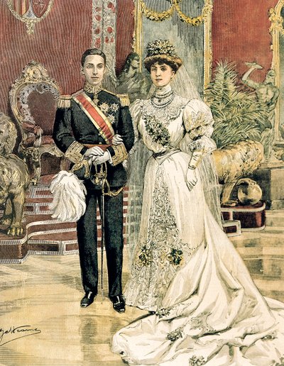 XIII. Alfonz spanyol király és Ena battenbergi hercegnő, Achille Beltrame (1871-1945) házassága a La Domenica del Corriere-ből, június 3. alkotó: Achille Beltrame