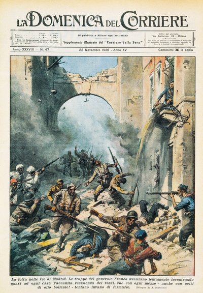 Közelharc Madrid utcáin a spanyol polgárháború idején, Achille Beltrame (1871-1945), a La Domenica del Corriere-ből, november 22. alkotó: Achille Beltrame
