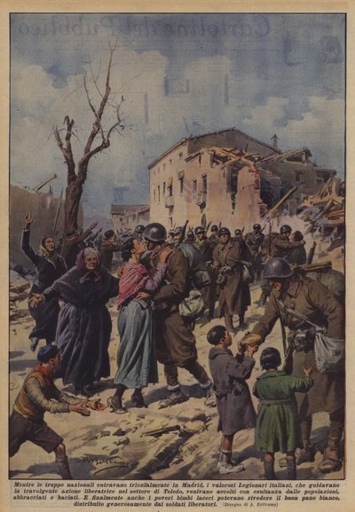 Míg a nemzeti csapatok diadalmasan bevonultak Madridba, a bátor olasz légiósok? alkotó: Achille Beltrame