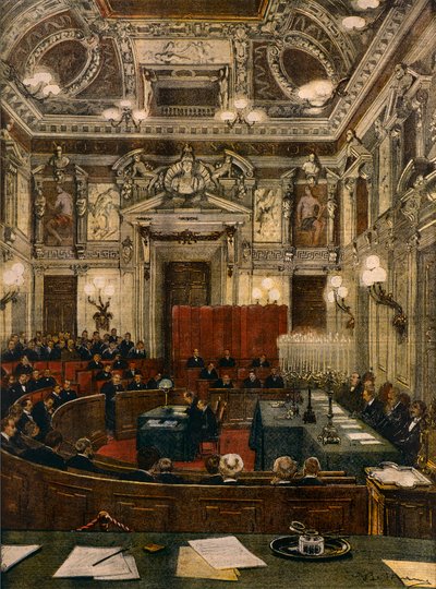 Az új milánói városi tanács ülése, Achille Beltrame (1871-1945) a La Domenica del Corriere-től alkotó: Achille Beltrame