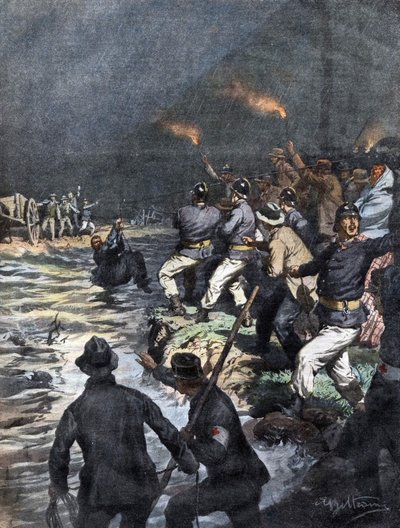 A Serio folyó egyik szigetén, Bergamo közelében blokkolt kocsisok csodálatos mentése – Beltrame illusztrációja a „La Domenica del Corriere”-ben” 1909.10. alkotó: Achille Beltrame