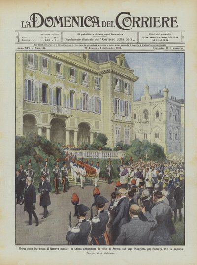 A genovai hercegnő édesanyja halála, a test elhagyja a Maggiore-tó melletti Stresa villát? alkotó: Achille Beltrame