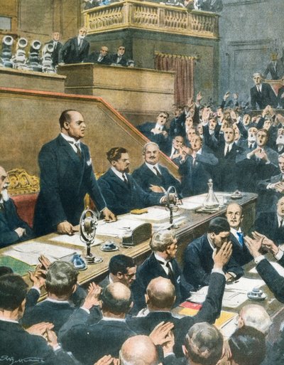 Mussolini négy nyugati hatalom szövetségét jelentette be a szenátusnak, Achille Beltrame (1871-1945) a La Domenica del Corriere-ből június 7-én alkotó: Achille Beltrame