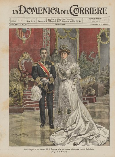 Királyi esküvő, XIII. Alfonz spanyol király és menyasszonya, Ena battenbergi hercegnő alkotó: Achille Beltrame