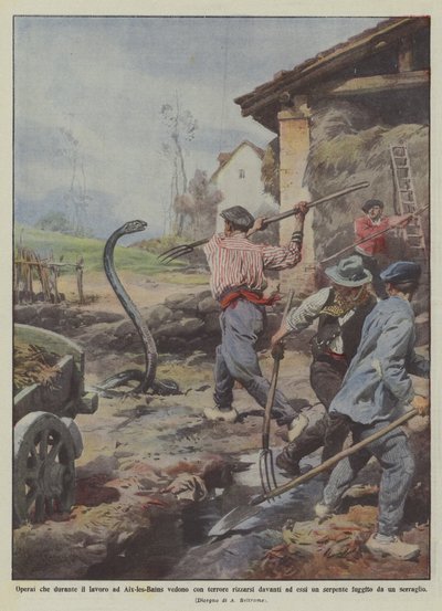 Munkások, akik Aix-les-Bains-ben dolgozva rémülten látják, hogy felállnak maguk elé? alkotó: Achille Beltrame