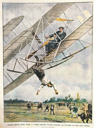 Orville Wright és Seliridge hadnagy harminc méterről kétfedelű repülőgéppel zuhan, Amerikai Egyesült Államok, Achille Beltrame illusztrációja a La Domenica del Corriere-ből, október 11. alkotó: Achille Beltrame
