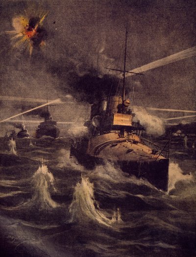 Torpedónaszádjaink merész behatolás a Dardanellák szorosában az ellenséges tűz alatt, Achille Beltrame (1871-1945), illusztráció a La Domenica del Corriere című lapból. alkotó: Achille Beltrame