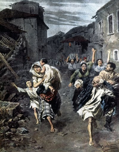 Pánik Reggio Calabriában az 1908-as földrengés után. Illusztráció: Beltrame. 1908 alkotó: Achille Beltrame