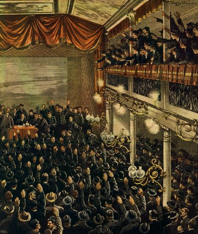 Vasútsztrájk Milánóban, Achille Beltrame, illusztráció, Achille Beltrame (1871-1945) illusztrátor, La Domenica del Corriere, 1905. április 30. alkotó: Achille Beltrame