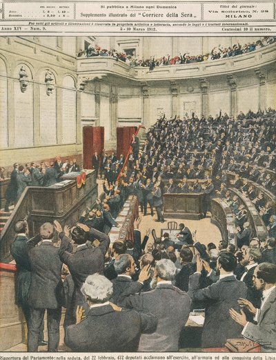 Az olasz parlament újbóli megnyitása február 22-én este, a hadsereg éljenzése a sikeres líbiai hadjárat után, Achille Beltrame, illusztráció, Achille Beltrame (1871-1945), La Domenica del Corriere-ből, 1912. március 3. alkotó: Achille Beltrame