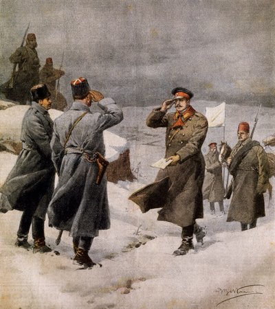 A háború újrakezdése, török parlamenti képviselő a bolgár táborba érkezik a fegyverszünet végét hirdető üzenettel, Achille Beltrame (1871-1945), illusztráció a La Domenica del Corriere-ből, február 9. alkotó: Achille Beltrame