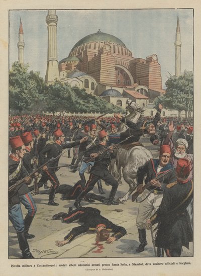 Katonai lázadás Konstantinápolyban, fegyveres lázadó katonák gyülekeztek Santa Sofiában, Stamboulban? alkotó: Achille Beltrame