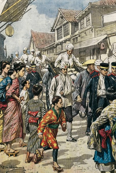 Orosz-japán háború (1904-1905). A Ya-Lu-i csata első sérültjeinek megérkezése Tokióba (1904. február). Kép: Achille Beltrame a „La Domenica del Corriere”-hez. Rézkarc. alkotó: Achille Beltrame