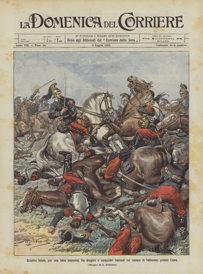 Hamis manőver miatt végzetes összecsapás francia dragonyosok és cuirassierek között Valbonne mezőjén, Lyon közelében alkotó: Achille Beltrame