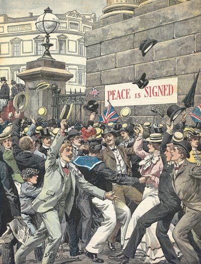 Második búr háború. A háború végének bejelentése London utcáin. Illusztráció: Antonio Beltrame. “La Domenica del Corriere” alkotó: Achille Beltrame