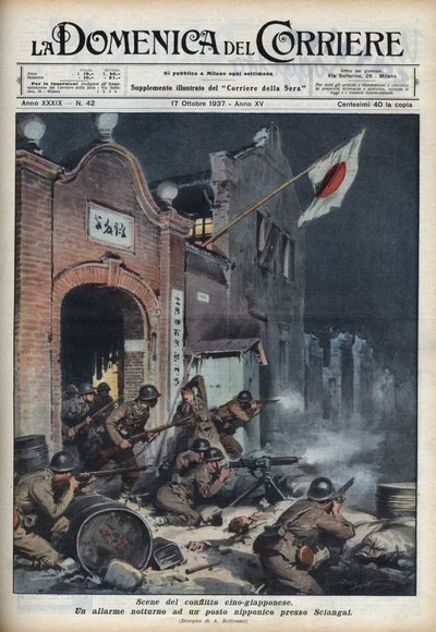 Második kínai-japán háború (1937-1945): összecsapások Sanghaj közelében. Illusztráció: Achille Beltrame a „La Domenica del Corriere”-ből, 1937.10.17. alkotó: Achille Beltrame